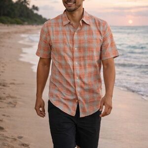 Banana Republic Men’s 100% Linen Coral Blue Plaid Short Sleeve Button Down Shirt